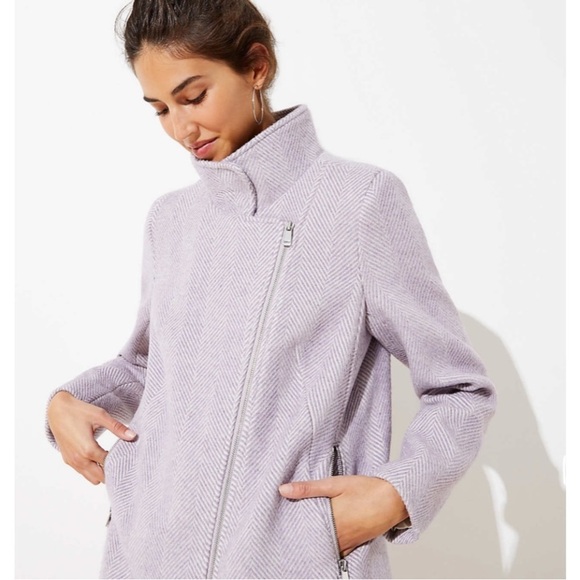 LOFT Lilac Wool Blend Pea Coat Jacket Herringbone Asymmetric Zip Pockets Size S - Picture 3 of 13